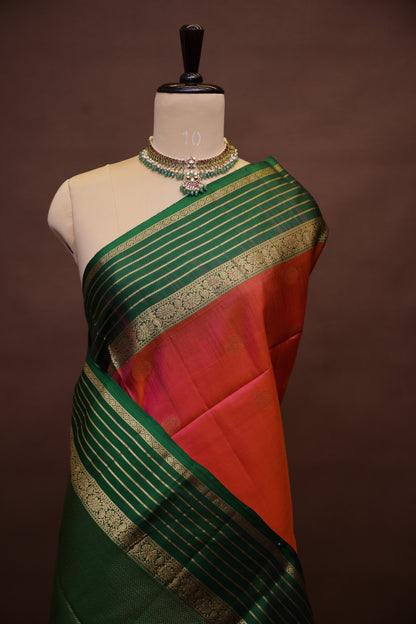 Pure Soft Silk Saree - Pink and Orange with Deep Green