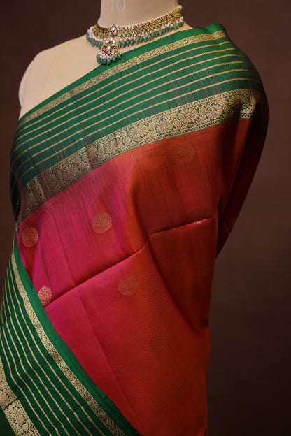 Pure Soft Silk Saree - Pink and Orange with Deep Green