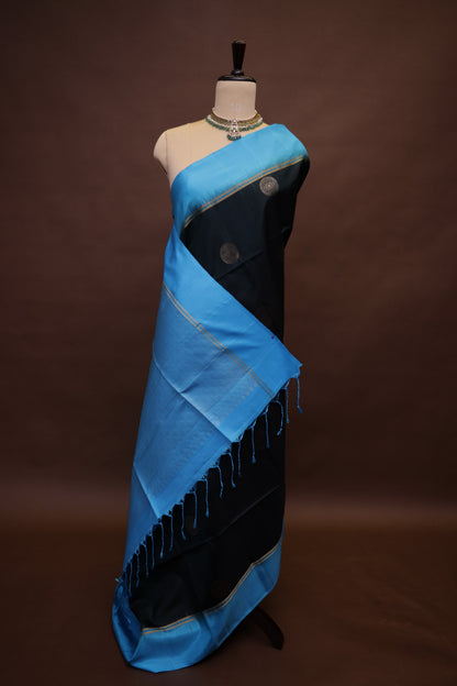 Pure Soft Silk Saree - Deep Green with Sky Blue