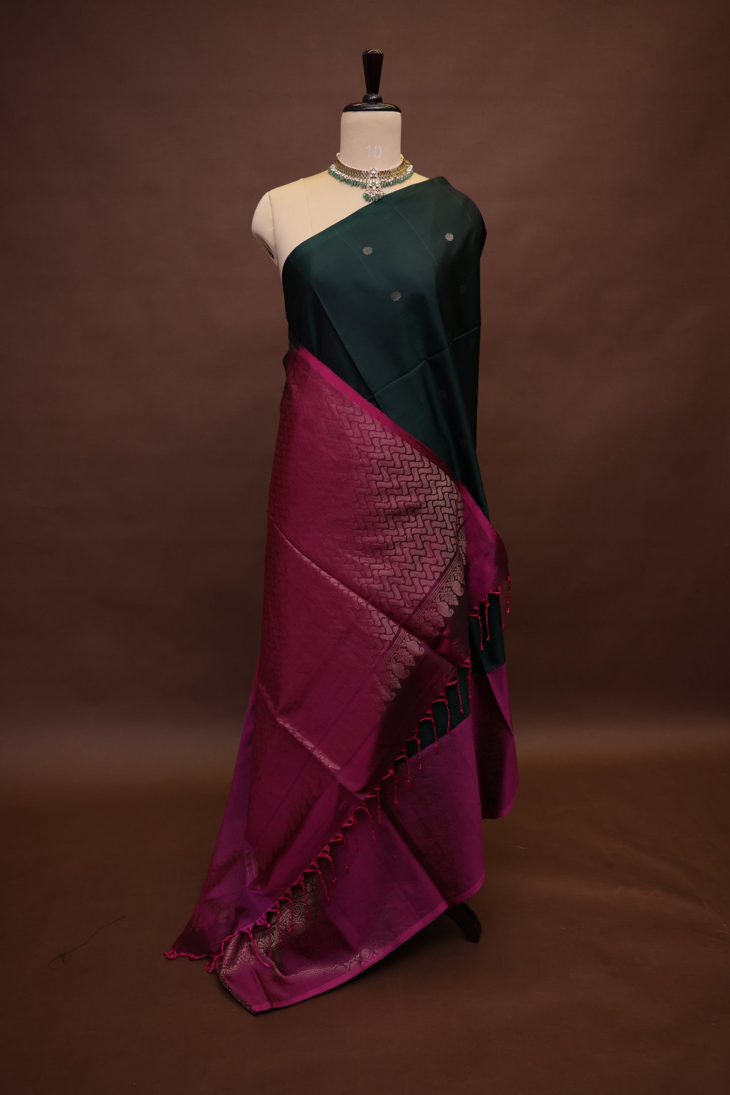 Pure Soft Silk Saree - Deep Bottle Green with Pink