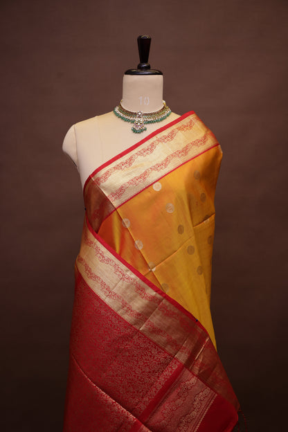 Pure Soft Silk Saree - Golden Yellow with Orange and Red