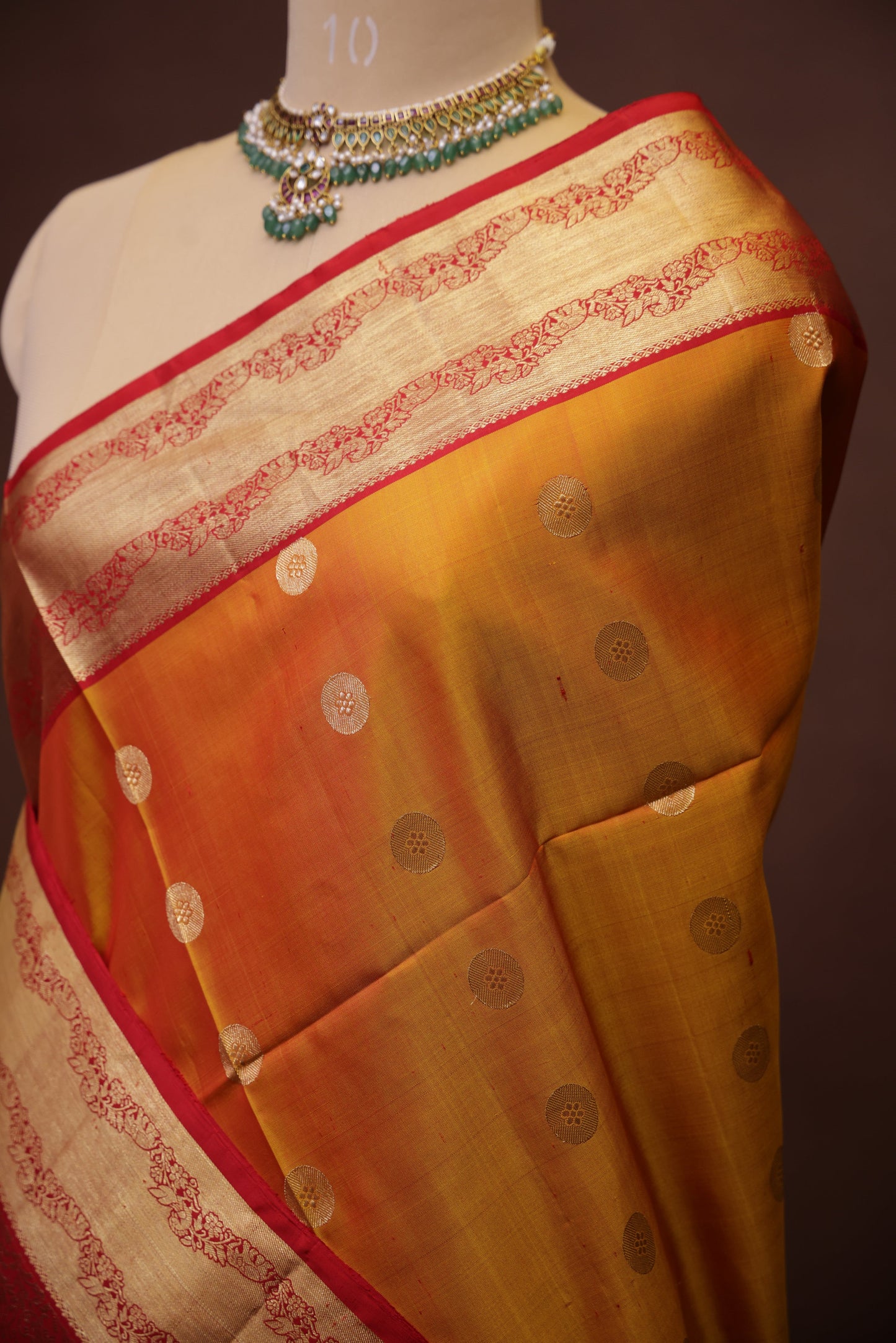 Pure Soft Silk Saree - Golden Yellow with Orange and Red