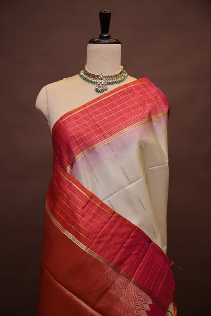 Pure Soft Silk Saree - Half White with Orange and Pink