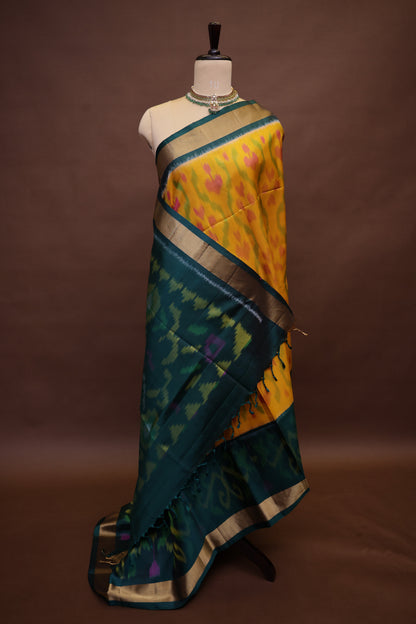 Pure Ikkat Soft Silk Saree - Mustard Yellow & Bottle Green