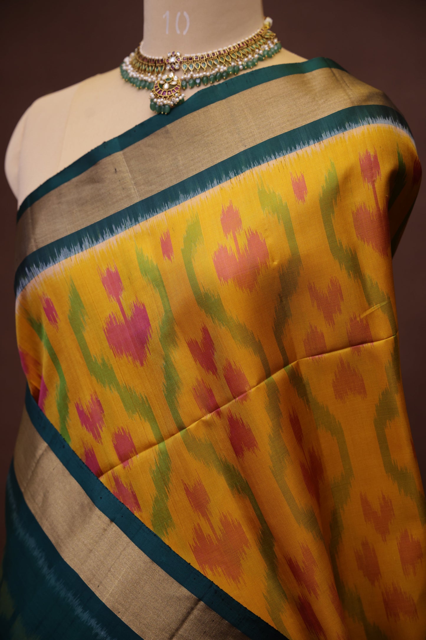 Pure Ikkat Soft Silk Saree - Mustard Yellow & Bottle Green