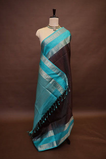 Pure Soft Silk Saree - Chocolate Brown and Turquoise Blue