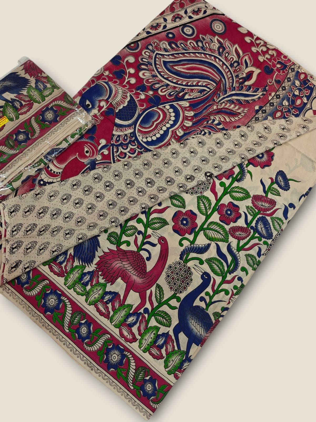 Pure Cotton Saree with Digital Kalamkari Prints – Ivory, Fuchsia Pink & Royal Blue