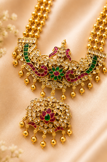 Long Antique Gold-Plated Haaram Set with Traditional Pendant & Jhumkas