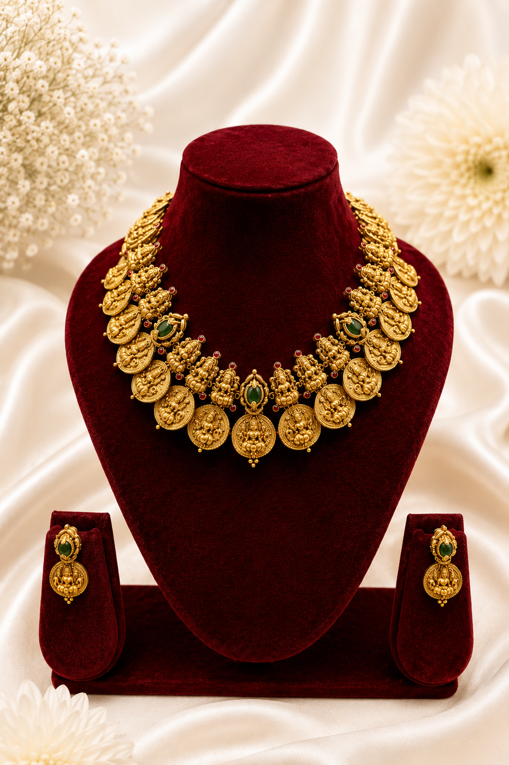 Antique Gold-Plated Lakshmi Coin Mala Choker Necklace Set with Emerald Accents
