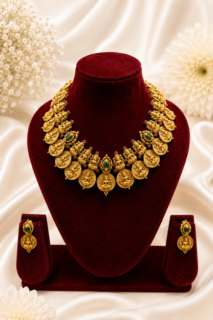 Antique Gold-Plated Lakshmi Coin Mala Choker Necklace Set with Emerald Accents