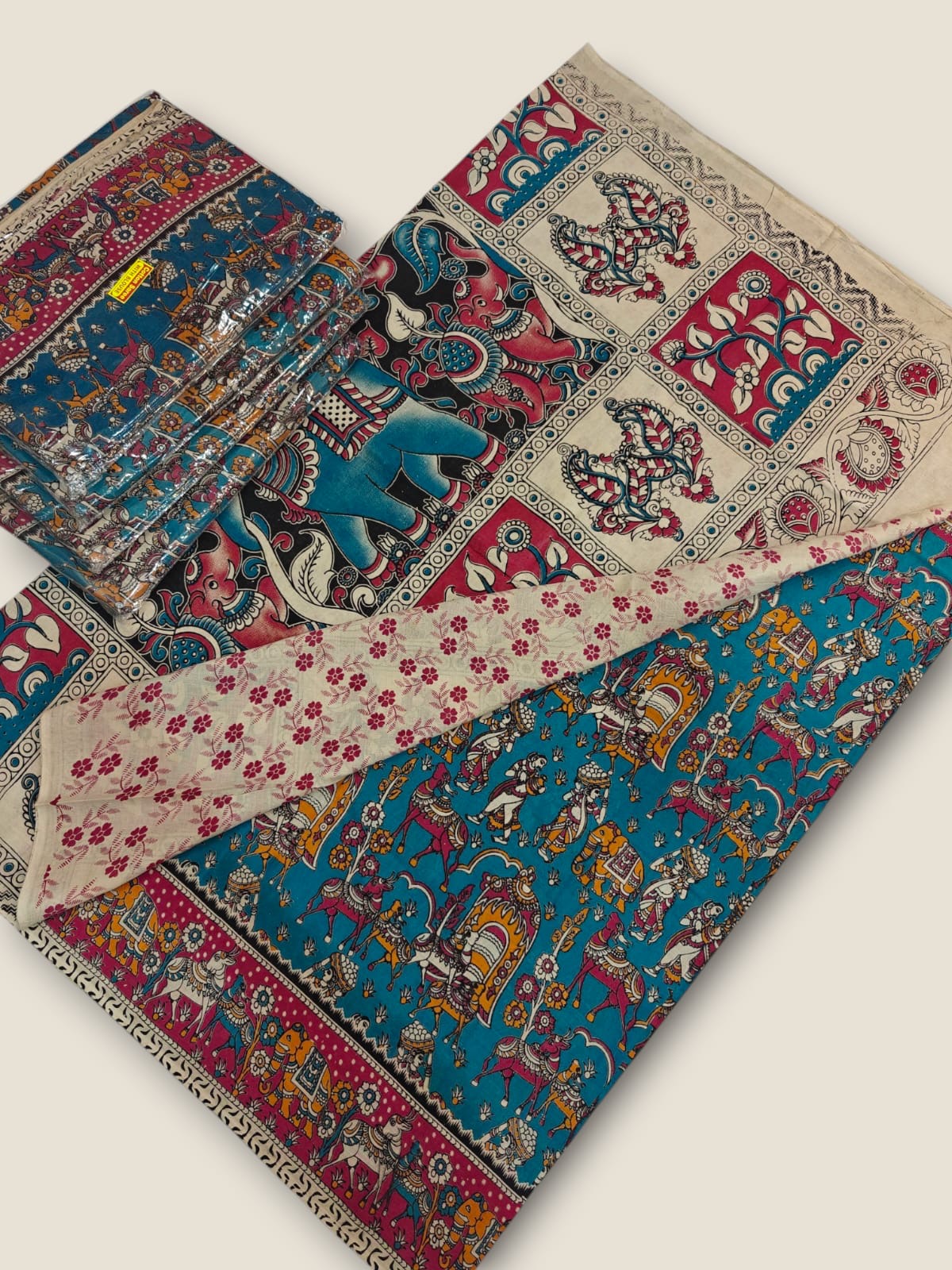 Pure Cotton Saree with Digital Kalamkari Prints - Turquoise Blue & Pink