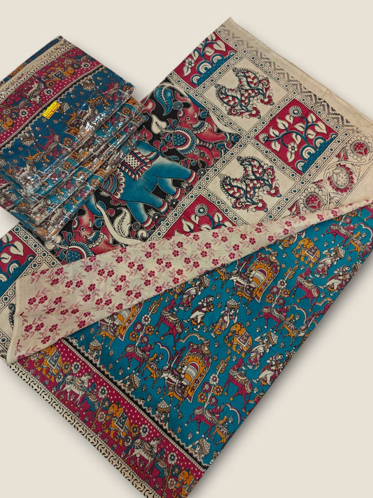 Pure Cotton Saree with Digital Kalamkari Prints - Turquoise Blue & Pink