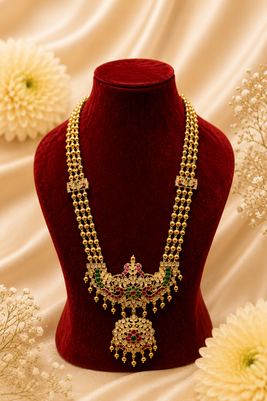 Long Antique Gold-Plated Haaram Set with Traditional Pendant & Jhumkas