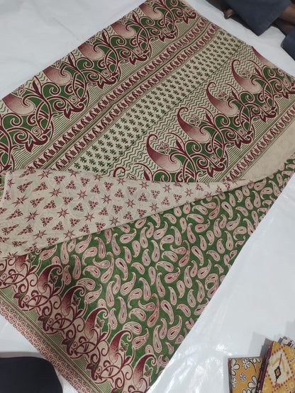 Pure Cotton Saree with Digital Kalamkari Prints - Green & Beige