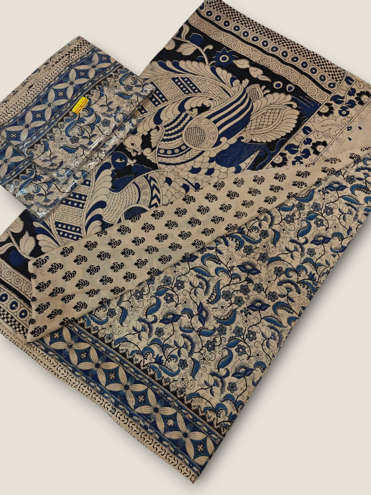 Pure Cotton Saree with Digital Kalamkari Prints – Ivory, Black & Royal Blue
