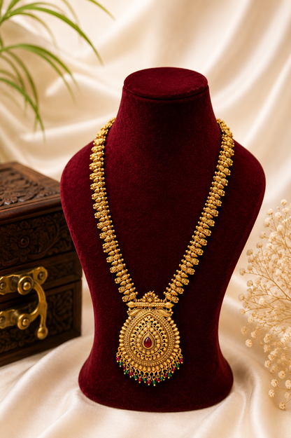 Antique Gold-Plated Long Necklace Set with Traditional Pendant