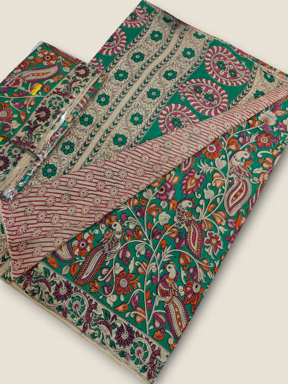Pure Cotton Saree with Digital Kalamkari Prints – Aqua Green & Magenta