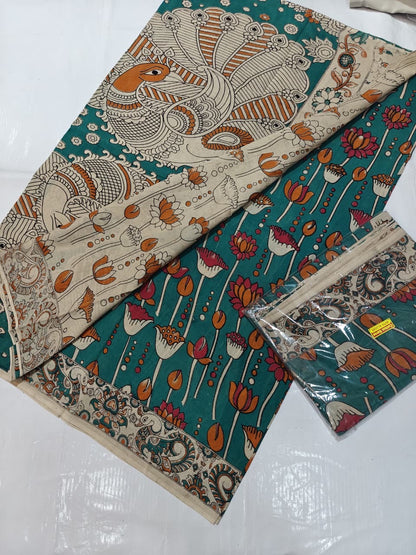 Pure Cotton Saree with Digital Kalamkari Prints – Teal Blue & Rust Orange