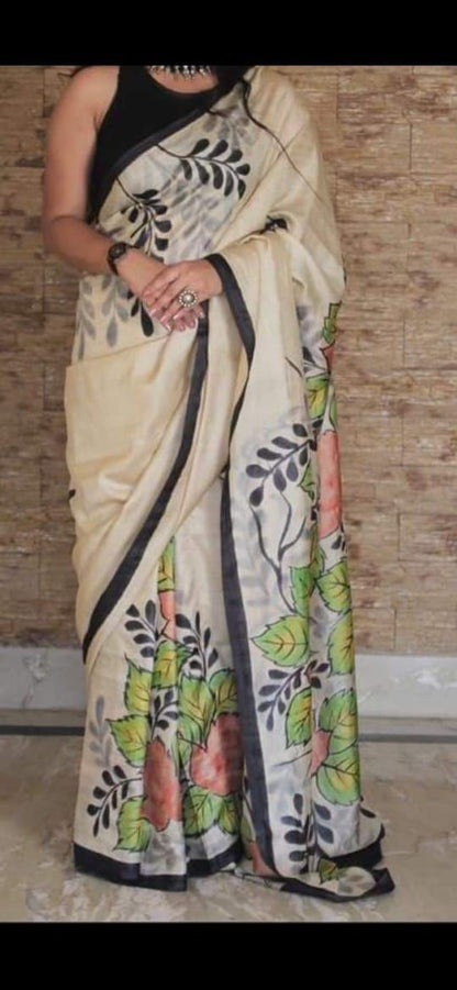 Purely Handpainted Floral On Pure Tussar Silk Saree - White & Black|Silk Mark Certified