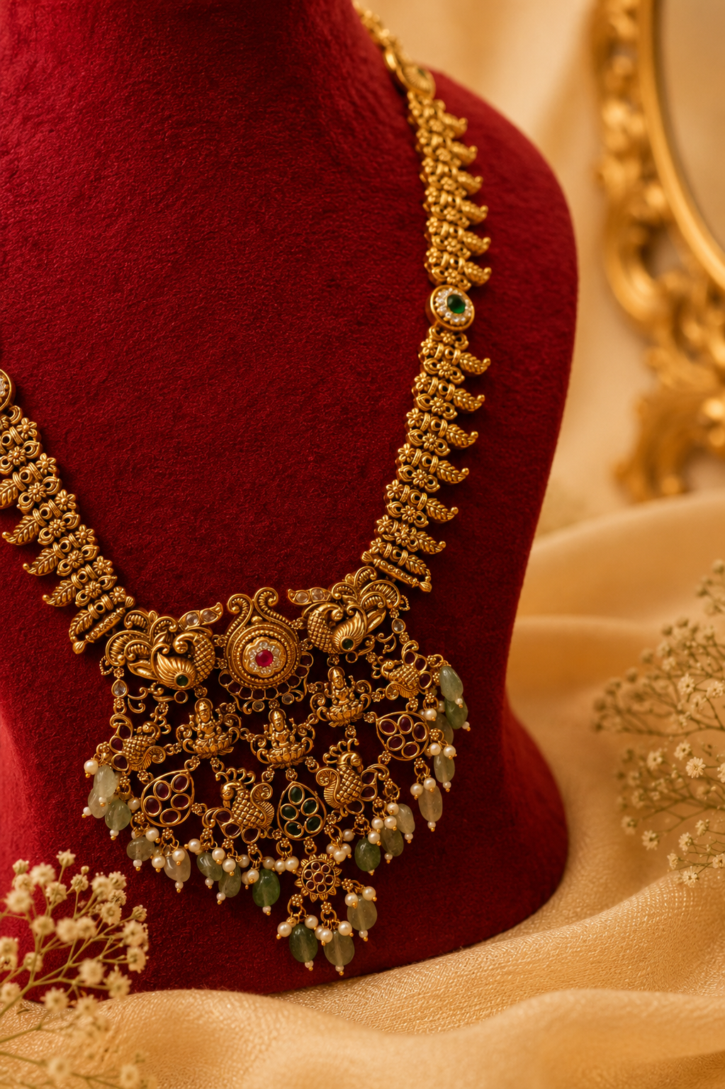Antique Gold-Plated Temple Long Necklace Set with Mint Green Stones