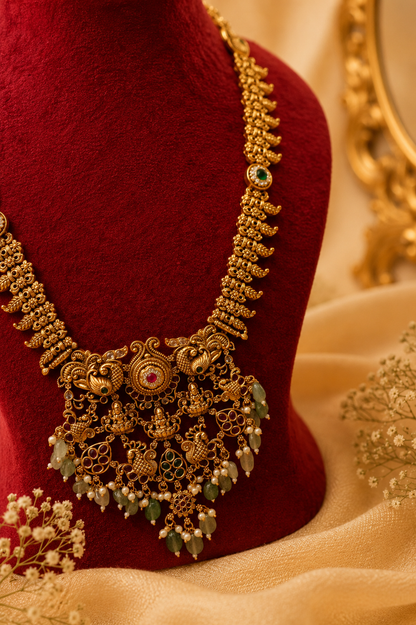 Antique Gold-Plated Temple Long Necklace Set with Mint Green Stones