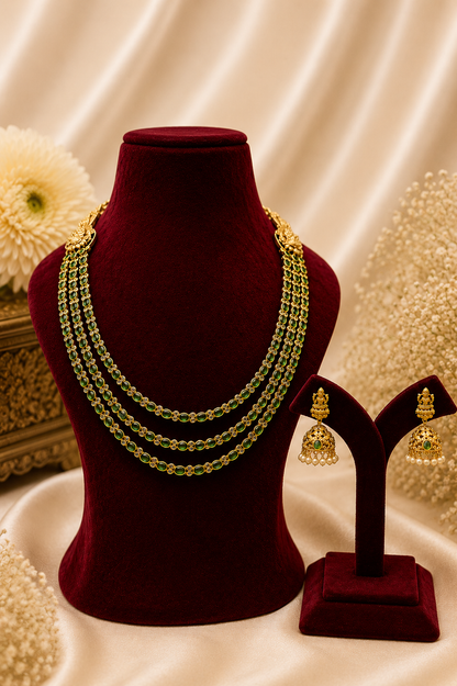 Antique Gold-Plated Temple Layered Haaram Set with Emerald Detailing