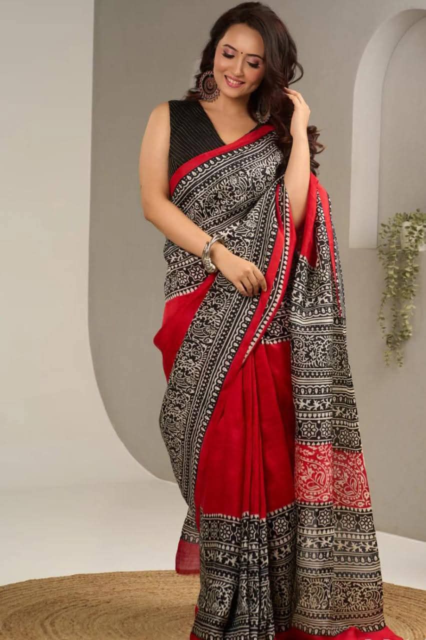 Purely Handpainted Classic On Pure Tussar Silk Saree - Red & Black|Silk Mark Certified