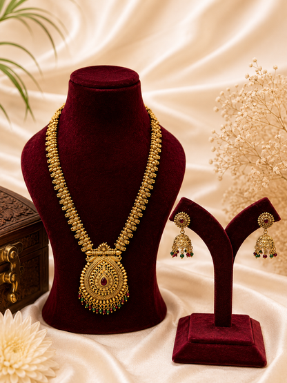 Antique Gold-Plated Long Necklace Set with Traditional Pendant