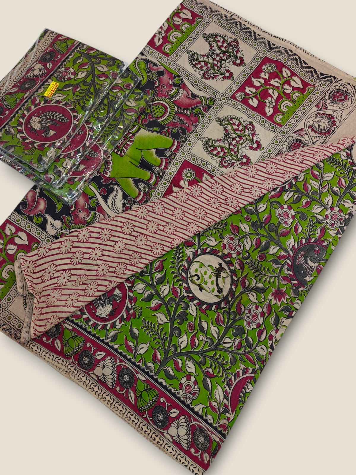 Pure Cotton Saree with Digital Kalamkari Prints - Parrot Green & Majenta