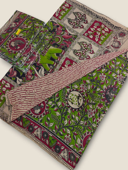 Pure Cotton Saree with Digital Kalamkari Prints - Parrot Green & Majenta