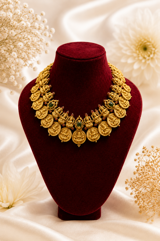 Antique Gold-Plated Lakshmi Coin Mala Choker Necklace Set with Emerald Accents