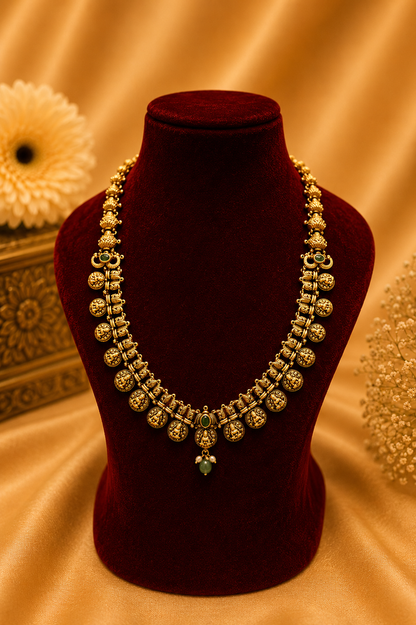 Antique Gold-Plated Coin Necklace Set with Emerald Detailing