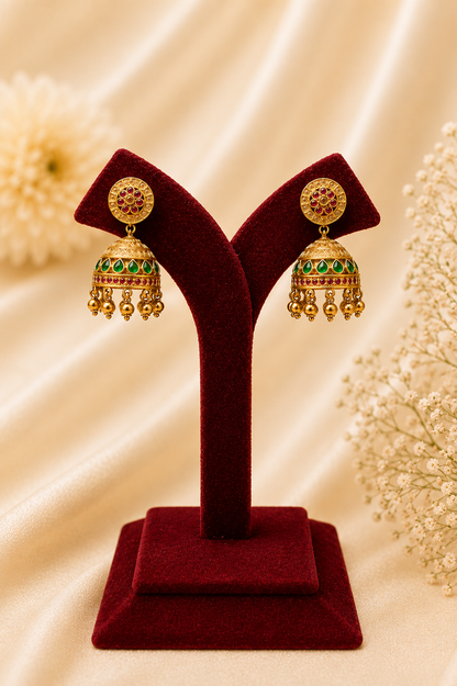 Long Antique Gold-Plated Haaram Set with Traditional Pendant & Jhumkas