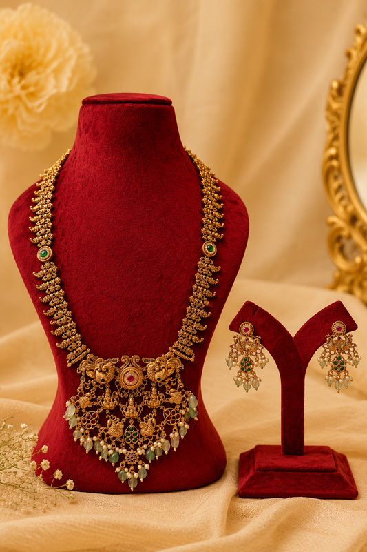 Antique Gold-Plated Temple Long Necklace Set with Mint Green Stones