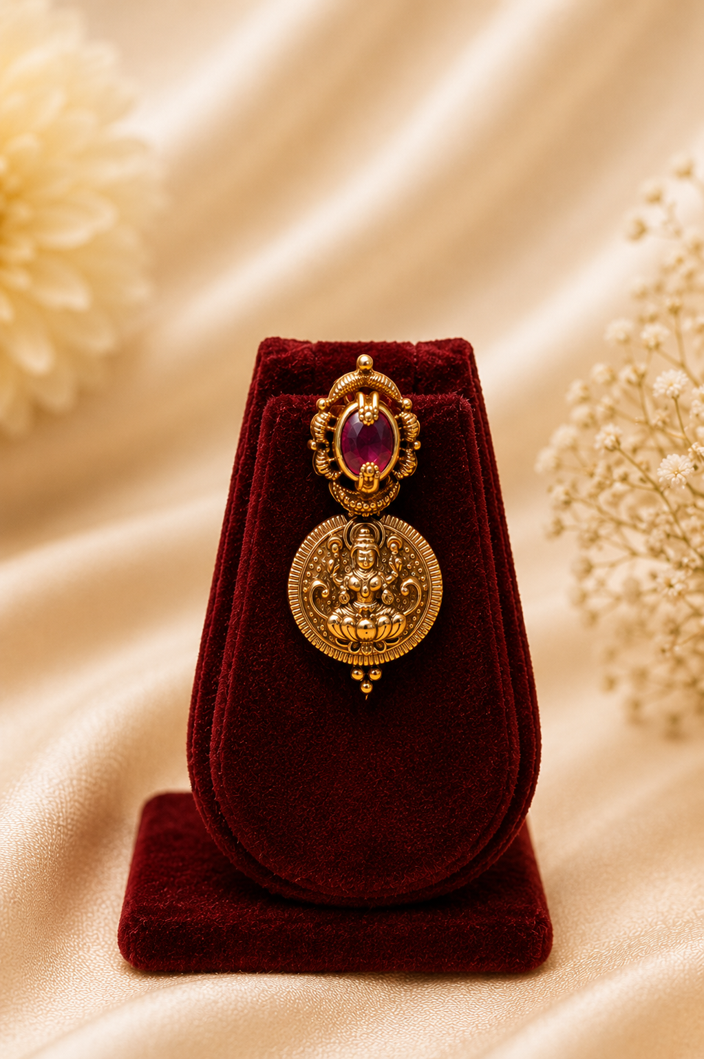 Antique Gold-Plated Lakshmi Coin Mala Choker Necklace Set with Ruby Accents