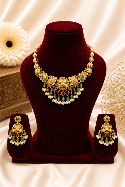 Antique Gold-Plated Lakshmi Choker Set with Mint Green & Pearl Beads