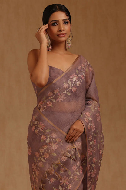 Embroidered Jute Linen Saree - Lilac