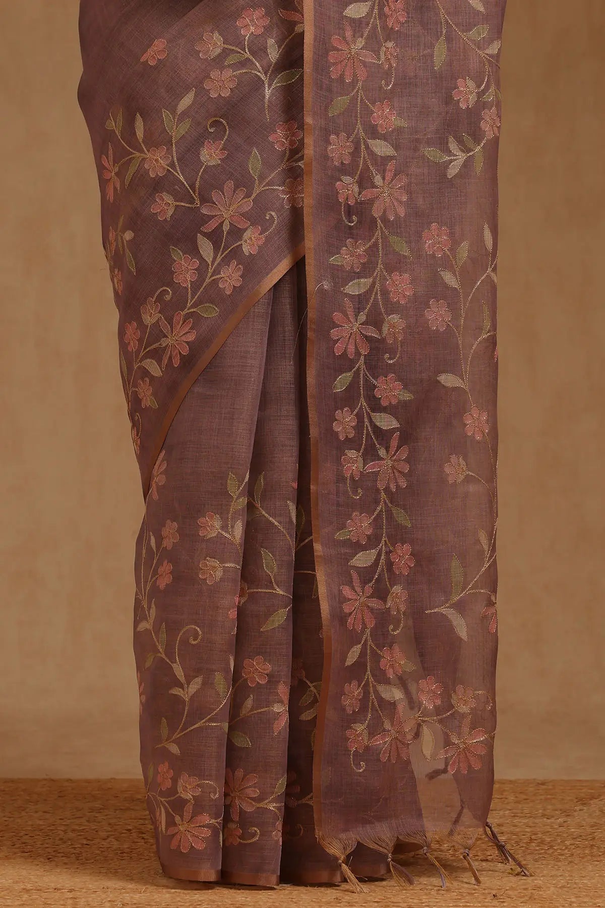 Embroidered Jute Linen Saree - Lilac